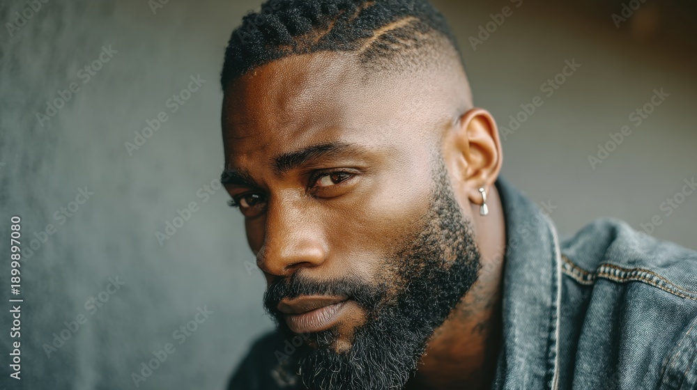 Obraz premium Young african male with beard and denim jacket looking intense.