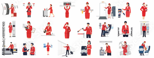 Vector illustration set of flight attendants and cabin crew performing essential airport and in-flight service, safety, and operational duties.