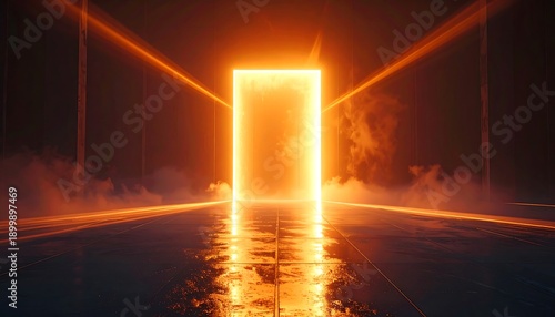 A luminous rectangular portal emanates warm orange light, casting reflections on a wet, dark surface. Atmospheric fog and beams accentuate the otherworldly scene