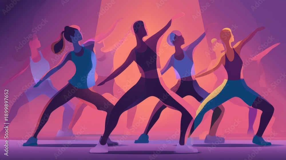 Fototapeta premium Energetic dance class with diverse figures in motion and vibrant lighting.