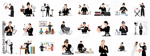 Comprehensive set of makeup artist and beauty specialist illustrations showing application techniques, professional tools, fashion styling, and education concepts.