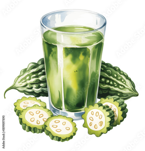 Hand painted watercolor bitter melon juice with fresh sliced gourd.
