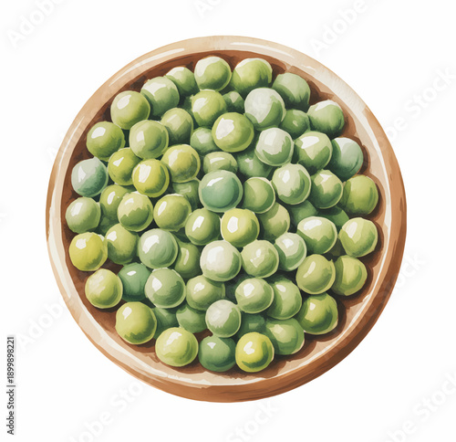 Green peas harvested and arranged in a bowl in gentle watercolor tones.