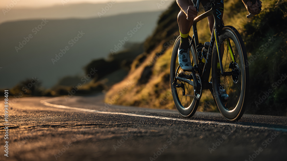 Obraz premium Cyclist Riding Mountain Road at Sunset Outdoor Adventure