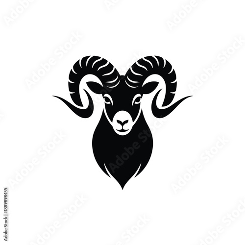 Stylized black and white illustration of a ram s head with large curved horns