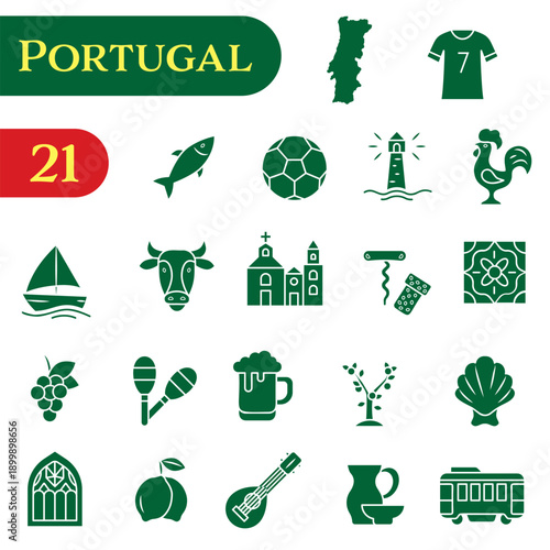 Icons about Portuguese traditions, culture, and symbols. A set of solid icons about Portugal.