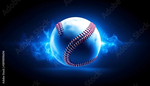 A luminous baseball, stitched and centered, glows within a dynamic aura of blue energy. The design uses gradients and effects
