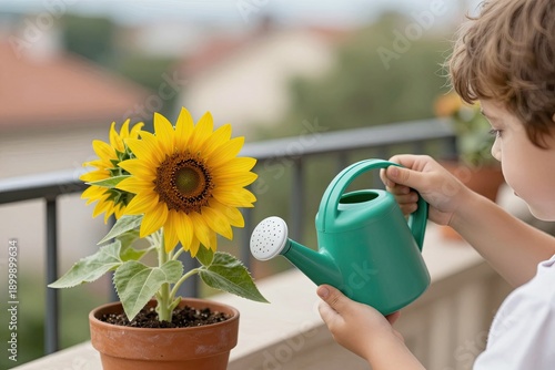 A child holds a green watering can and waters sunflowers on a balcony