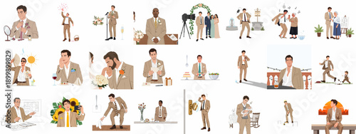 Groom's Life Moments: Comprehensive Set of Illustrations Depicting Wedding Day Activities, Emotions, and Social Situations.