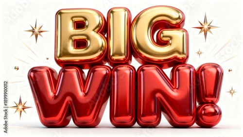 3D Gold and Red Glossy BIG WIN Lettering with Sparkles on White Background