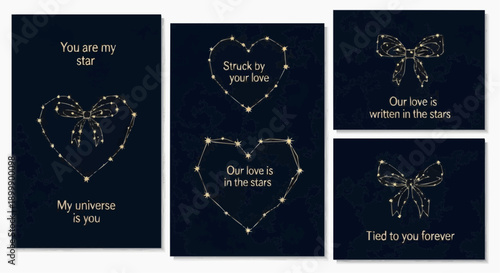 Set of four romantic constellation greeting cards with love messages