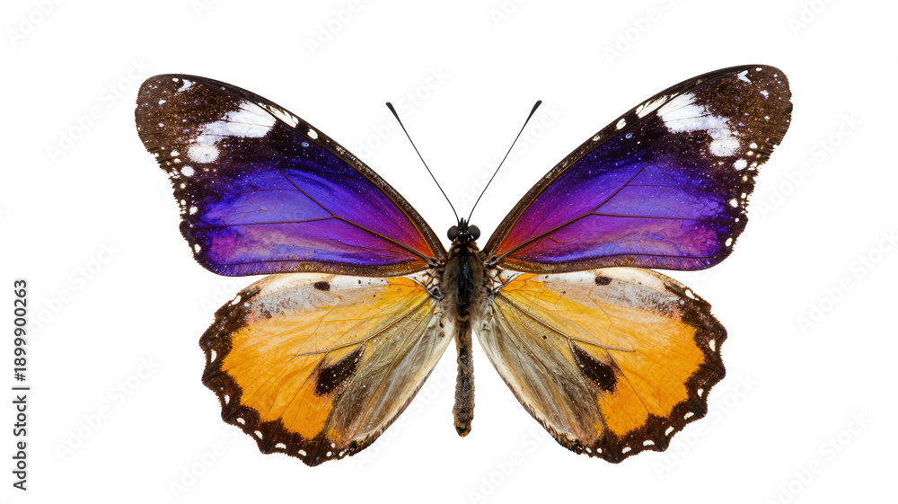 Obraz premium Vibrant butterfly with purple and orange wings isolated on transparent background, delicate beauty, colorful insect