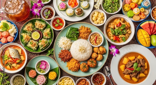 Wallpaper Mural Variety of traditional dishes on table with rice and vegetables and meat Torontodigital.ca