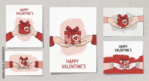 Valentine's day cards with hands holding gift boxes and hearts on white background