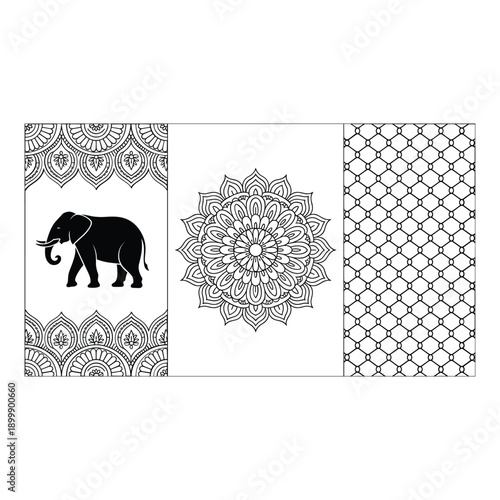 Intricate black and white patterns with a central elephant motif isolated on white background, Vector