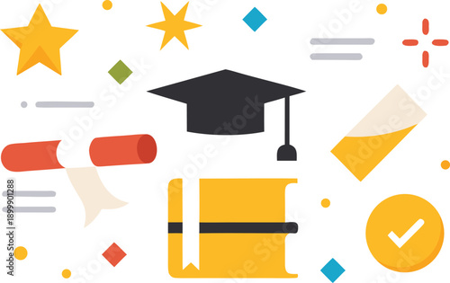 Graduation cap, diploma scroll, and stars signify academic achievement and successful completion of studies Vector, illustration