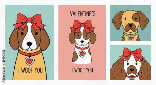 Valentine's day dog cards with cute brown and white dogs wearing bows