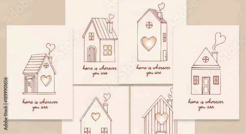 Set of six hand drawn house cards with heart designs and home is wherever you are text