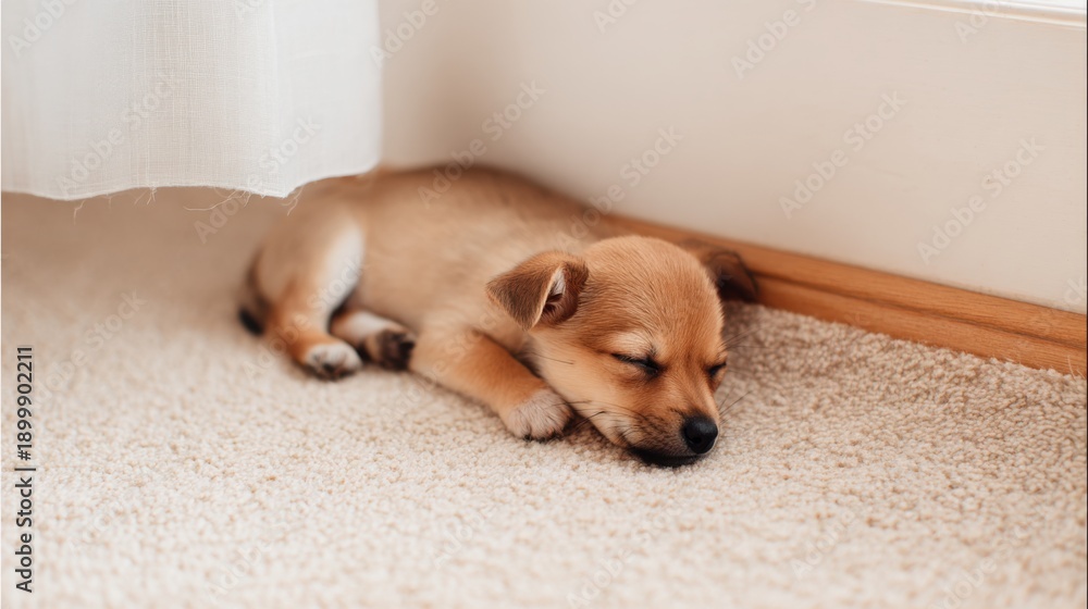 Fototapeta premium Small dog sleeping peacefully on the floor in a cozy corner creating a relaxing atmosphere in a home environment