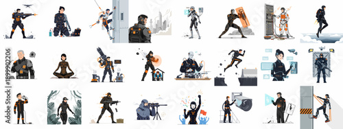 Diverse collection of futuristic characters in high-tech exoskeletons, illustrating concepts of augmented reality, cybernetics, security, and future professions.