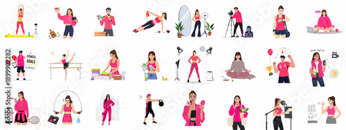 Modern Lifestyle and Wellness Influencer Vector Set: Fitness, Healthy Eating, Vlogging, Exercise Routines, and Self-Care Activities.