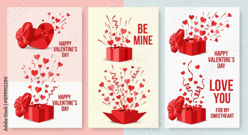 Valentine's day cards with red gifts and hearts on pastel background