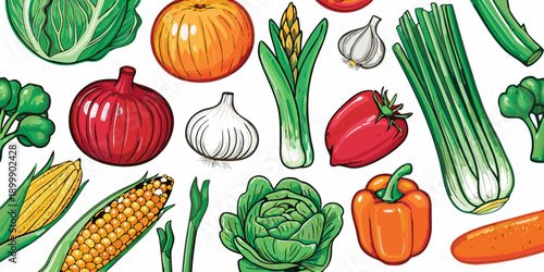 Colorful illustration of assorted fresh vegetables and fruits arranged on white