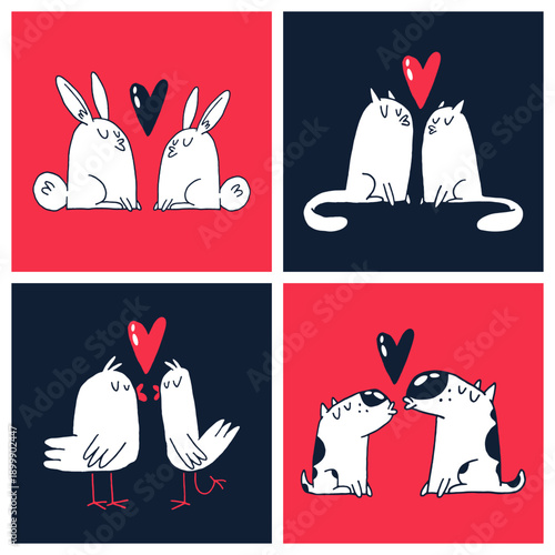 Cute vector illustration of animal couples in love with hearts. Romantic valentines design featuring rabbits, cats, birds and dogs.