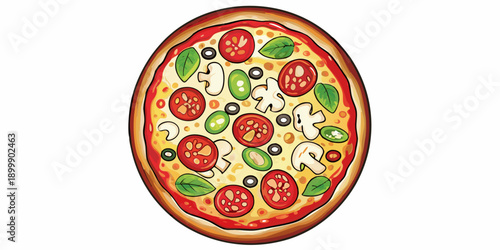 A colorful cartoon style pizza with various vegetable toppings is shown