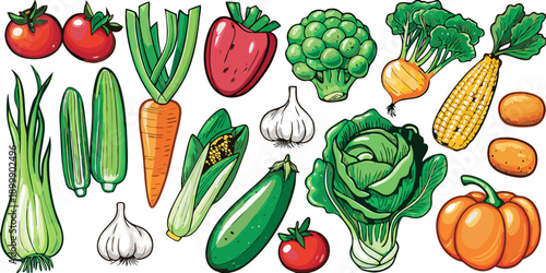 A colorful collection of fresh vegetables and fruits arranged on a white background