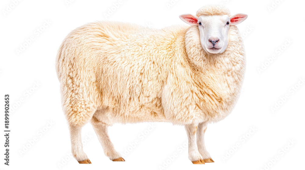 Fototapeta premium White Sheep on a Clean Background Displaying Soft Wool Texture, Looking Calm and Curiously at the Viewer, Perfect for Farm and Animal Themes