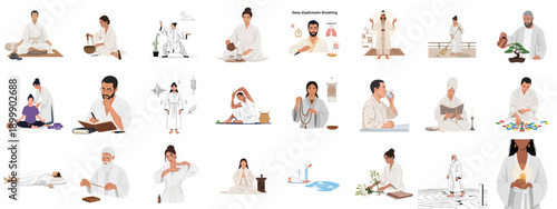 Holistic wellness and spiritual practice vector collection, featuring meditation, healing rituals, self-care, and mindfulness activities.