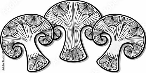 Stylized illustration of three connected mushroom like shapes in monochrome