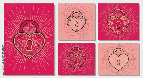 Heart shaped locks with keys on pink backgrounds in a set of five romantic illustrations