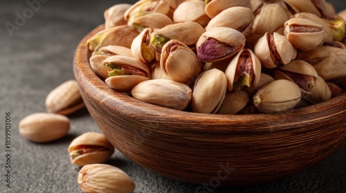 Bowl of pistachios is on a table. The bowl is full of pistachios and there are some on the table