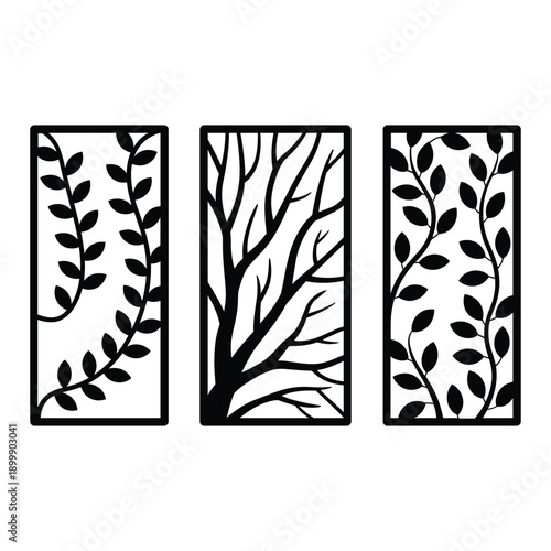 Three black and white panels with intricate leaf and tree designs. isolated on white background, Vector