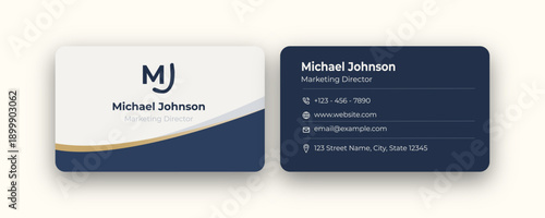 Professional navy blue business card featuring a strong contrast layout and refined abstract detailing.