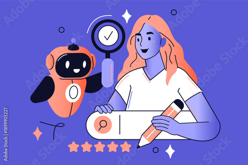 Woman with help of robot assistant explore the internet, search, analyze queries, improve website visibility vector illustration. 