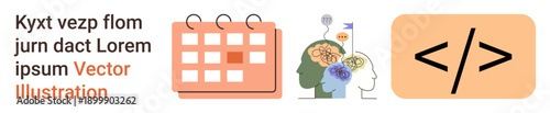 Productivity, time management, mental well-being, software development, digital planning, teamwork. Calendar, human heads with brain activity coding symbol. Productivity and mental well-being