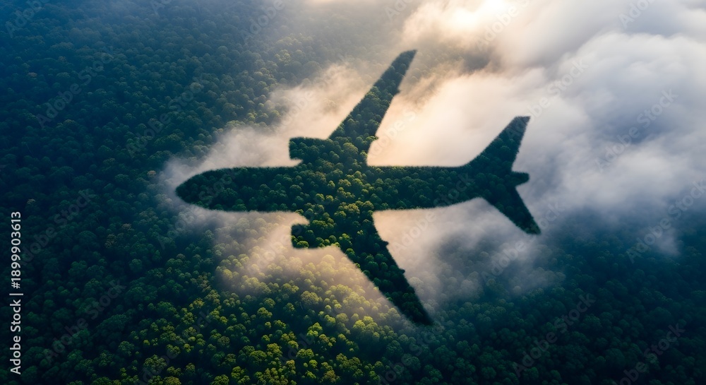 Fototapeta premium Eco-Friendly Plane Silhouette Over Green Forest Sustainable Travel