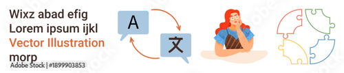 Language learning, communication, translation services, problem-solving, globalization, teamwork. speech bubbles, a thoughtful woman colorful puzzle pieces. Language learning and communication