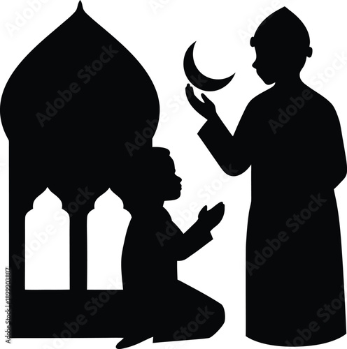 Silhouette of a person praying with people and landmarks in the background