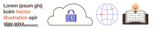 Online security, global communication, education, cloud technologies, knowledge sharing, digital learning. A lock on a cloud, globe and open book with a lightbulb. Online security and global