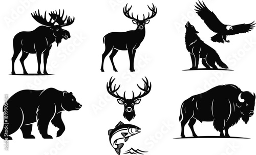 Collection of black wild animal silhouettes including moose, deer, wolf, eagle, bear, bison, and trout, forest wildlife icons isolated on white background.