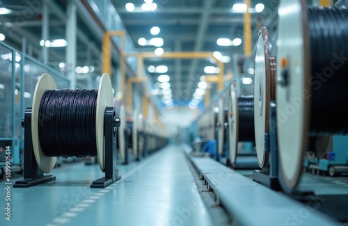 Cable spools line factory floor, processing optical fiber. Industrial manufacturing plant produces network wires for modern communication systems and digital infrastructure. Technology. © miss irine