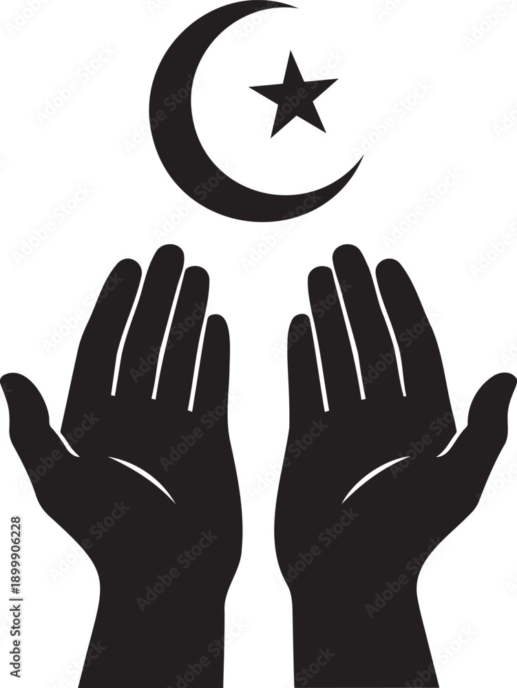 Fototapeta premium A silhouette of a human hands raised in a peace sign symbol against a moon and star Ramzan symbol 
