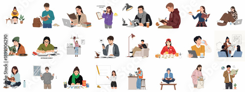 Diverse collection of illustrations showing young people reading, studying, and relaxing with books, laptops, and tablets in various modern lifestyle settings.