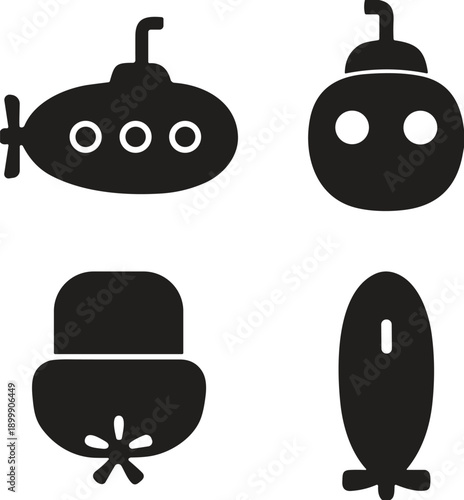 Flat vector silhouettes of submarine, diver helmet, sand dollar, torpedo, underwater exploration icons, marine life symbols, ocean-themed black graphics