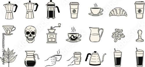 Large collection of hand drawn coffee icons featuring espresso makers, cups, beans, croissant, french press, grinder, and barista equipment on white background.