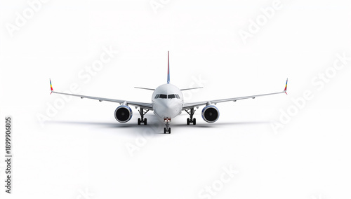 Front View of a Commercial Airplane on White Background Highlighting Symmetry, Engineering Precision, and Aerodynamic Design in Modern Aviation